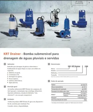Bomba KSB Submersível para drenagem KRT Drainer 1,5cv Trifásico 380v