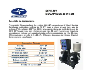 Sistema Pressurização Megapress JOY 8814-2R AI 2cv Monofásico /Trifásico 220v