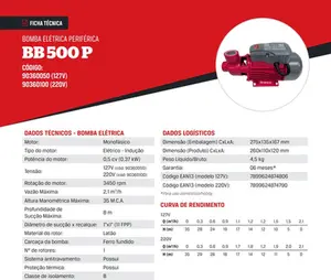 Bomba Branco Periférica BB500P 0,5cv Monofásico 127v