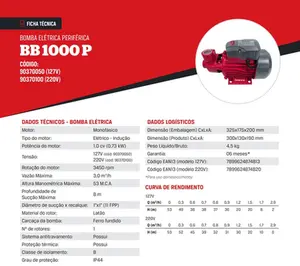 Bomba Branco Periférica BB1000P 1cv Monofásico 220v